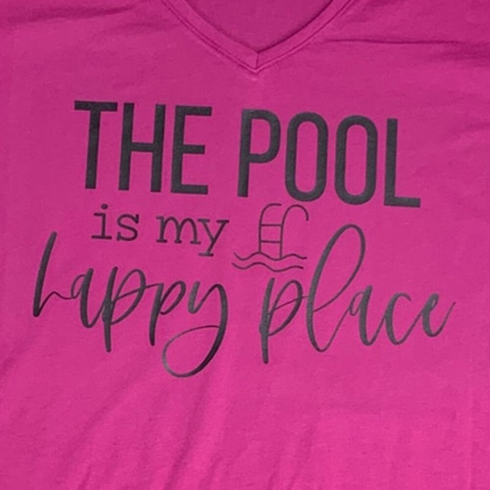 Upcycled Hand Printed Womens Plus 26/28 Pool is My Happy Place Short Sleeve Tee - Picture 2 of 4